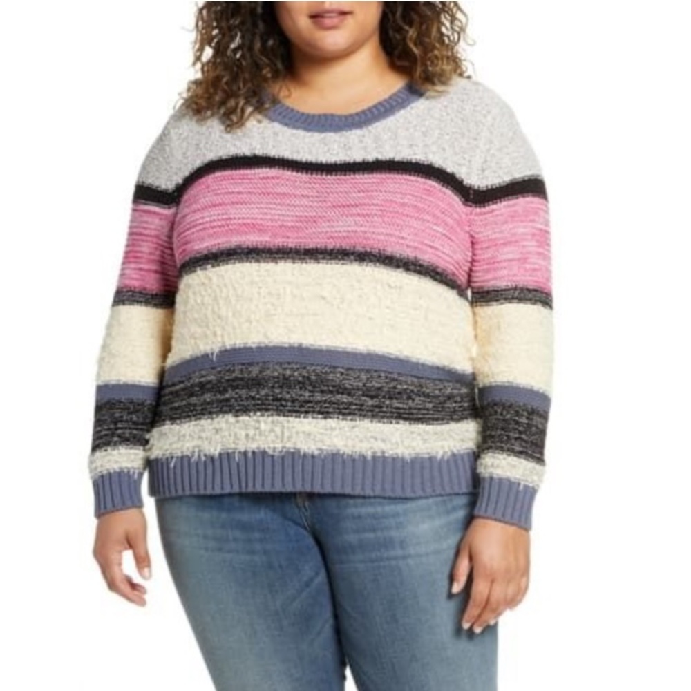 Caslon Plus Size Cotton Blend Marled Stripe V-Back Sweater Size 2X
